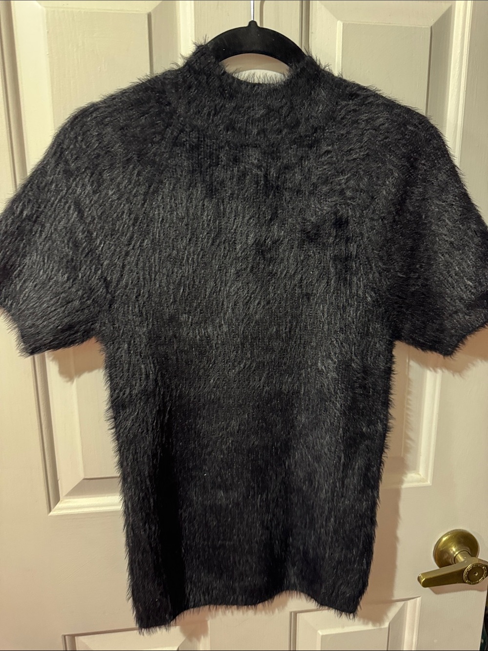 Fuzzy Short-Sleeve Sweater Top in Black NWOT